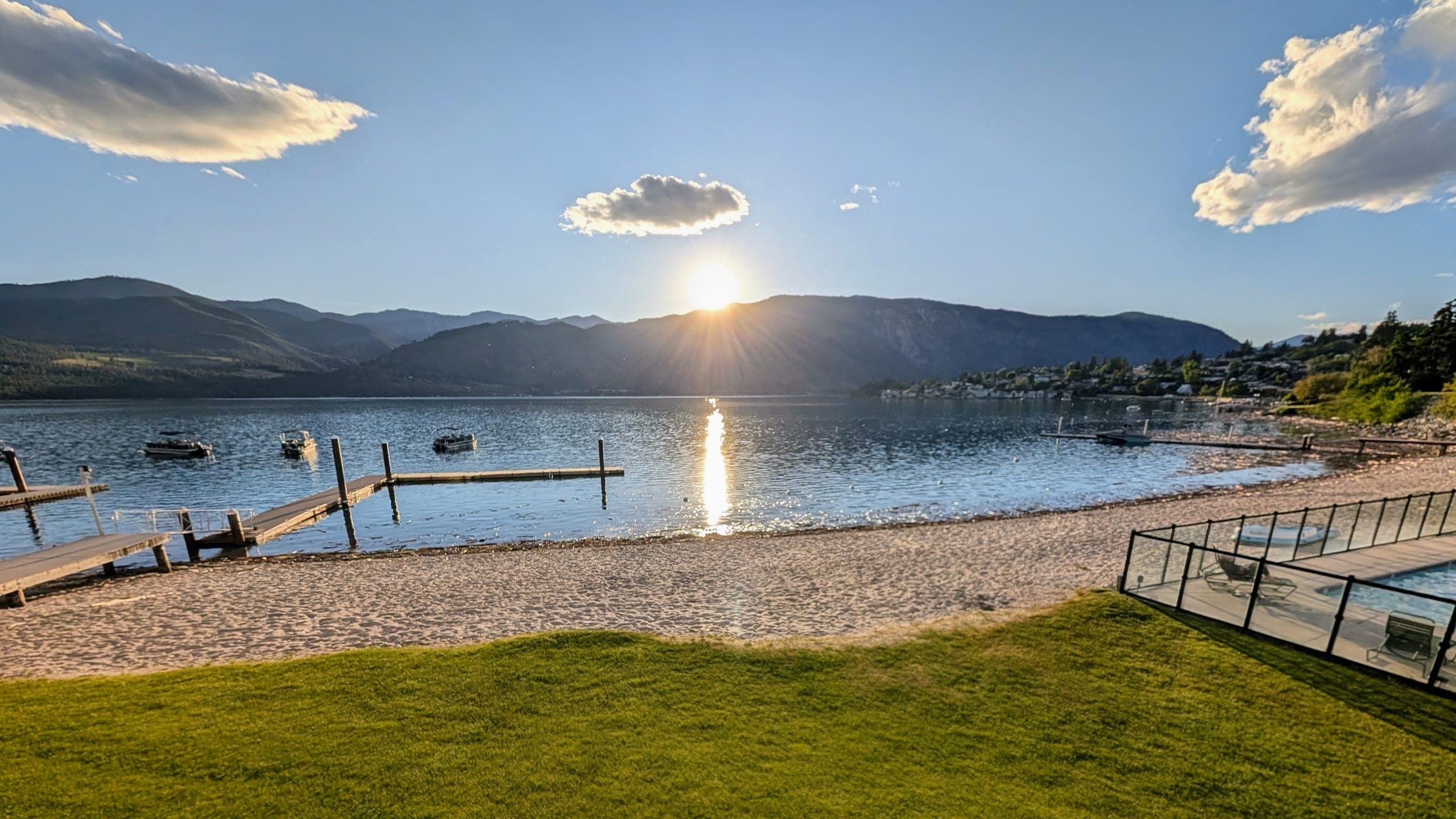 Sunset over Lake Chelan from the beach at Wapato Point Resort